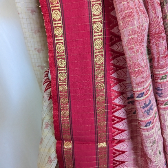 Vintage Indian Saree Red Cream Gold Pallu Without Blouse South Asian Desi Sari - Picture 4 of 10